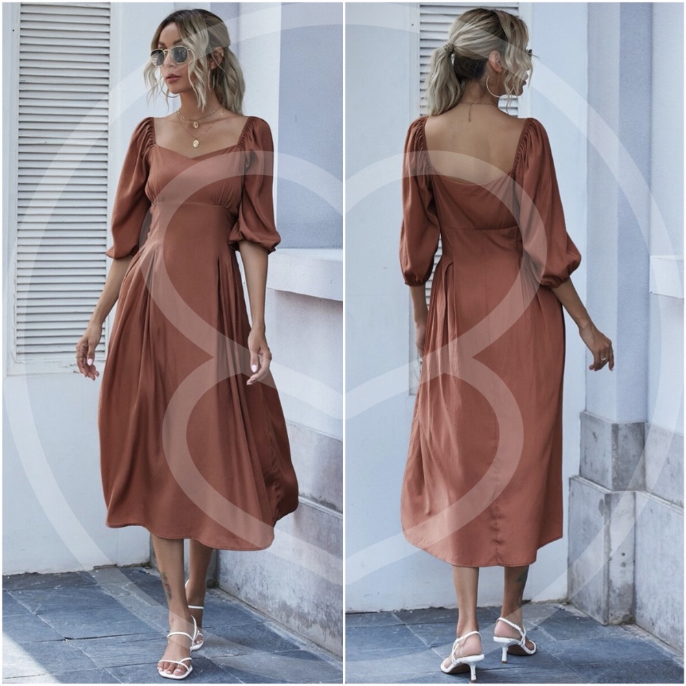 Khaki Sweetheart neck short sleeve midi dress - Picture 3 of 13
